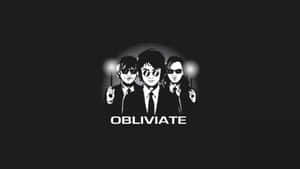 三個身穿西裝、戴著太陽眼鏡的人物，在 obliviate 字樣下方手持發光魔杖。 — 哈利波特 壁紙