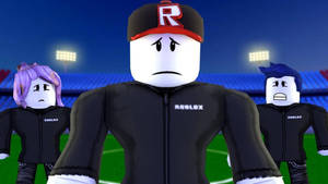 三個身穿黑色外套的 Roblox 角色在燈光明亮的體育場地上看起來很擔心。 — 酷炫 Roblox 壁紙