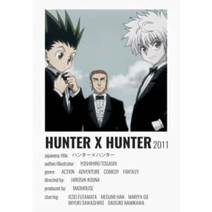 三個身穿燕尾服的動漫男孩，下方有 Hunter x Hunter 製作人員名單。 — 小傑與奇犽 壁紙