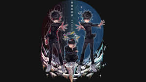 三個身穿黑色西裝的動漫男孩，在破碎的冰面上擺姿勢，身後有宇宙能量。 — 路人超能100 GIF 壁紙
