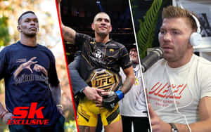 三個不同場景的男人：吉他手、手持腰帶的UFC拳手、戴耳機說話的男人。 — 以色列·阿德桑亞 壁紙