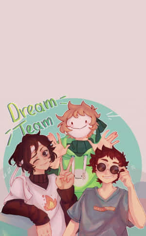 三個動漫朋友微笑並做出和平手勢，帶有「Dream Team」文字。 — Galaxy Tab Active 壁紙