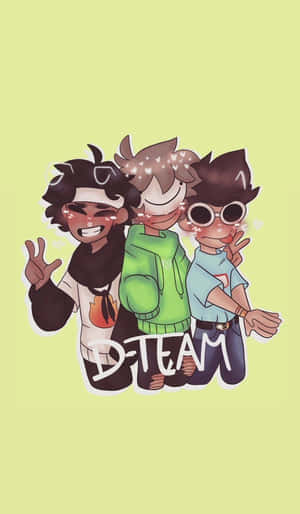 三個微笑的動漫角色擺出和平手勢，並帶有 D-TEAM 字樣。 — 夢核 壁紙