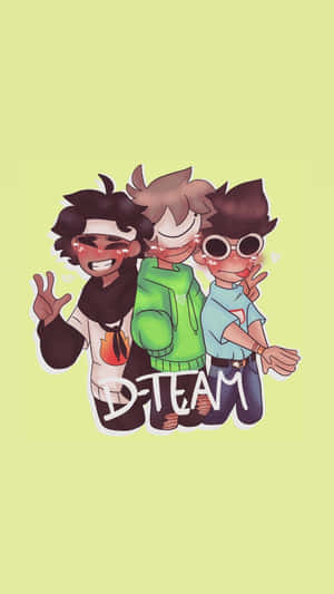 三個微笑的動漫角色擺出和平手勢和 'D-TEAM' 文字。 — 可愛 Minecraft 壁紙