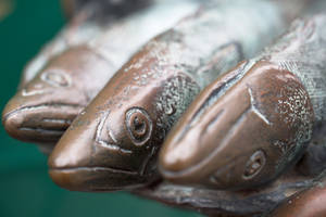 三個青銅魚雕塑，帶有細緻的鱗片和風化的銅綠。 — 海鮮 壁紙