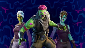 三個綠色皮膚和龐克風格的殭屍Fortnite角色，在發光的抽象背景前。 — 可愛萬聖節 壁紙