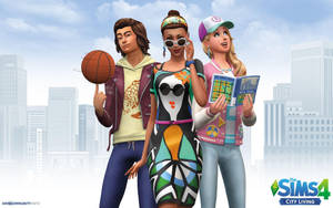 三個 Sims 角色在城市環境中拿著籃球和雜誌。 — 卡通 壁紙