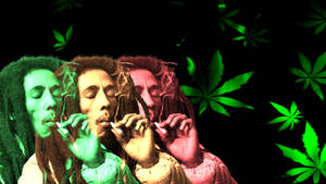 三個彩色Bob Marley肖像，吸煙並帶有發光的大麻葉。 — 巴布·馬利語錄 壁紙