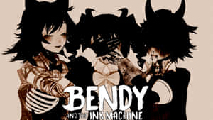 三個有角的動漫角色以復古棕褐色調擠在一起，標題為 Bendy and the Ink Machine。 — Shooky Bt21 壁紙