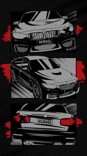 黑色BMW帶有「KING」車牌，以漫畫風格展示，背景為紅色飛濺效果。 — 賽車計畫 壁紙