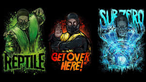 三個真人快打角色 Reptile、Sub-Zero 和 Scorpion 以風格化數位藝術姿勢搭配粗體文字。 — 真人快打11 壁紙