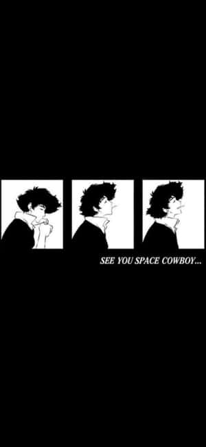 動畫角色以三個連續側面視圖呈現，附有文字「SEE YOU SPACE COWBOY...」。 — iPhone 15 Plus 壁紙