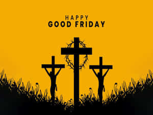三個十字架帶有剪影人物，在黃色天空前，有 'Happy Good Friday' 文字。 — 耶穌受難日 壁紙