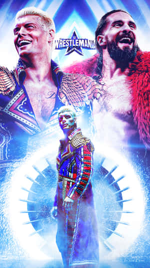 三名WWE摔角手穿著色彩繽紛的服裝，在閃爍的燈光下於WrestleMania慶祝。 — 摔角 壁紙