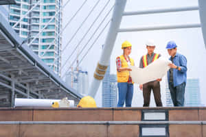 三名建築工人在橋上審閱藍圖，身後是城市天際線。 — 太空船 壁紙