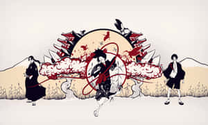 三名武士戰士在紅色能量和日本建築中揮劍戰鬥。 — 混沌武士 壁紙