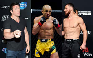 三名男性MMA拳手和一名教練在UFC稱重活動中。 — 卡蜜拉·卡貝羅 壁紙
