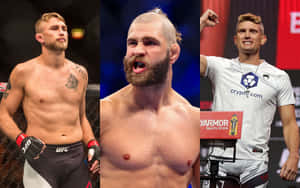 三名男性MMA拳手身穿格鬥裝備，在鐵籠和擂台環境中自信地擺姿勢。 — 終極格鬥冠軍賽 壁紙