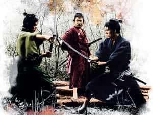 三名武士在質樸的木橋上進行劍鬥。 — 混沌武士 壁紙