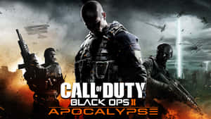 三名身穿戰鬥裝備的武裝士兵，置身於爆炸和飛行飛機之中。 — 決勝時刻：黑色行動4 壁紙