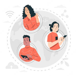 三名人士使用裝置透過數位通訊進行全球連接。 — 團隊合作 壁紙
