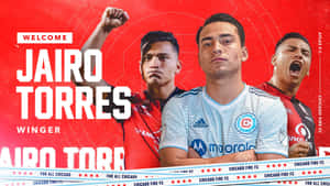 三名身穿芝加哥火焰FC球衣的足球運動員，帶有'Welcome Jairo Torres Winger'文字。 — 運動 壁紙