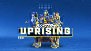 三名身穿藍色和黃色裝備的《鬥陣特攻》角色為Boston Uprising電競隊伍擺姿勢。 — 鬥陣特攻 壁紙