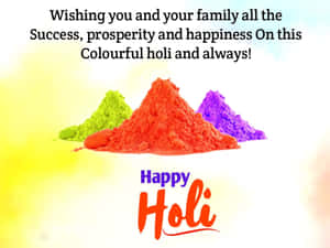 三堆霍利彩色粉末，帶有節日問候文字。 — Hololive 壁紙