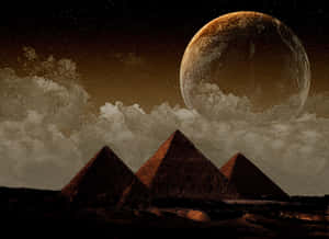 星空異域的天空中，一顆巨大行星下的三座金字塔。 — 美學天空 壁紙