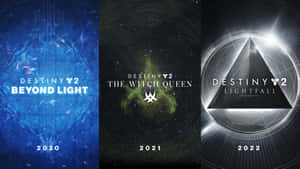 Destiny 2 擴展海報：Beyond Light、Witch Queen 和 Lightfall，帶有宇宙設計和年份。 — 天命2 壁紙