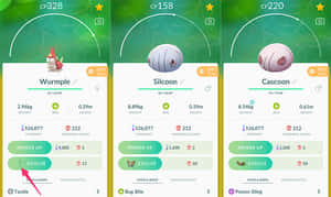 Pokémon Go 應用程式畫面顯示刺尾蟲、甲殼繭和盾甲繭以及進化選項。 — 動漫 壁紙