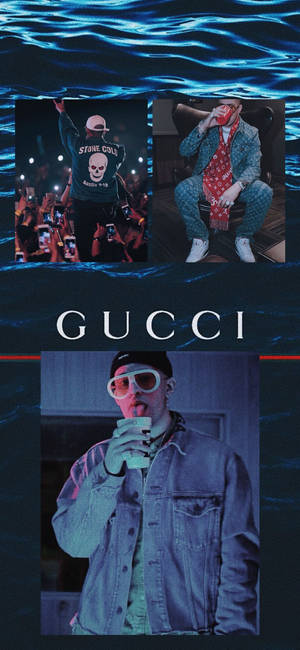 藍色水波紋下的三個Gucci時尚時刻，包括牛仔褲、太陽眼鏡和舞台表演。 — iPhone 14 Pro Max 壁紙