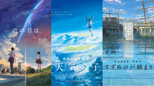 三張動畫電影海報，角色出現在天空和水景中。 — 新海誠 壁紙