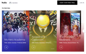 Hulu 首頁顯示《我的英雄學院》、《暗殺教室》和《約定的夢幻島》的動畫電視劇海報。 — 16:10 壁紙