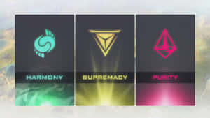 三張發光的卡片，標有 Harmony Supremacy 和 Purity，具有不同的符號和顏色。 — 電玩遊戲 GIF 壁紙