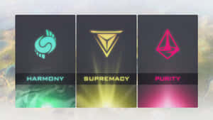 三張發光的陣營卡牌，標有 Harmony Supremacy 和 Purity，具有獨特的符號和配色方案。 — 1600x900 壁紙
