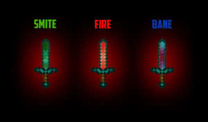 三把發光的像素劍，以Minecraft風格標有Smite Fire和Bane。 — 最佳我的世界 壁紙