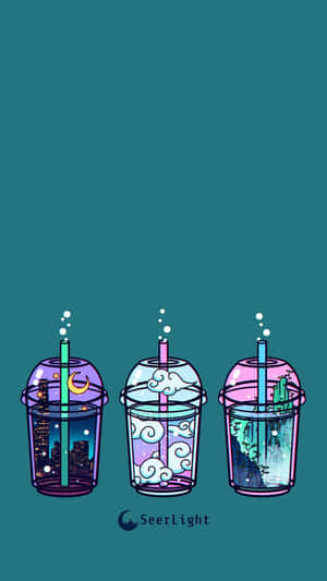 三杯插圖飲品，每杯內均有微型場景，背景為青綠色。 — 珍珠奶茶 壁紙