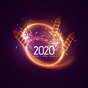 三枚火箭在一個發光的圓圈中發射，伴有煙火和文字「2020 Happy New Year」。 — 新年快樂 2020 壁紙