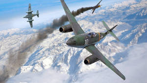 三架戰鬥機在積雪的山峰上空進行空中纏鬥。 — 航太 壁紙