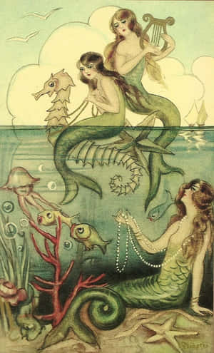 三條美人魚以復古插圖風格，帶著海馬和珍珠項鍊在海洋場景中。 — 奇幻藝術 壁紙