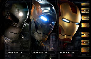 三款 Iron Man 戰甲，從 Mark 1 到 Mark 3，帶有發光眼睛和科技疊加層。 — 鋼鐵人標誌 壁紙