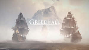 三艘帆船穿過迷霧向山航行，標題 GreedFall。 — 黎明 壁紙