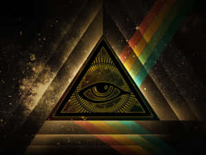 金色全視之眼符號在三角形內，帶有彩虹稜鏡，背景為星空。 — 暮光 壁紙