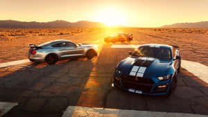 日落時分沙漠賽道上的三輛Mustang跑車。 — 凱迪拉克 壁紙