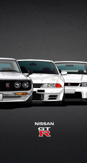 在簡約深灰色環境中展示的三輛白色日產GT-R。 — 日產 壁紙