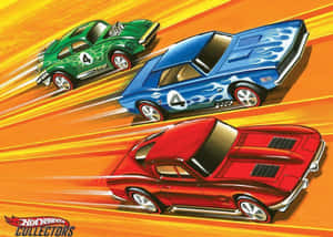三輛復古Hot Wheels汽車在火焰橙色賽道上行駛。 — 酷車 壁紙