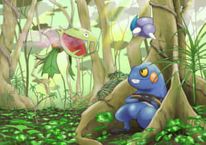 三隻 Pokémon 在陽光穿過樹木的茂密綠色叢林中閒逛。 — 寶可夢 壁紙