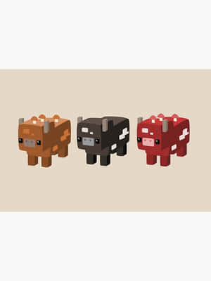 三隻來自Minecraft的方塊像素牛，分別為棕色、黑色和紅色。 — 3:4 壁紙
