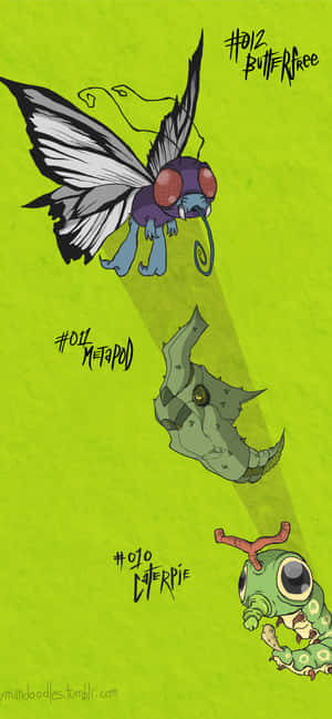 以卡通風格描繪的三個寶可夢角色 Butterfree、Metapod 和 Caterpie。 — iPhone 15 Pro 壁紙